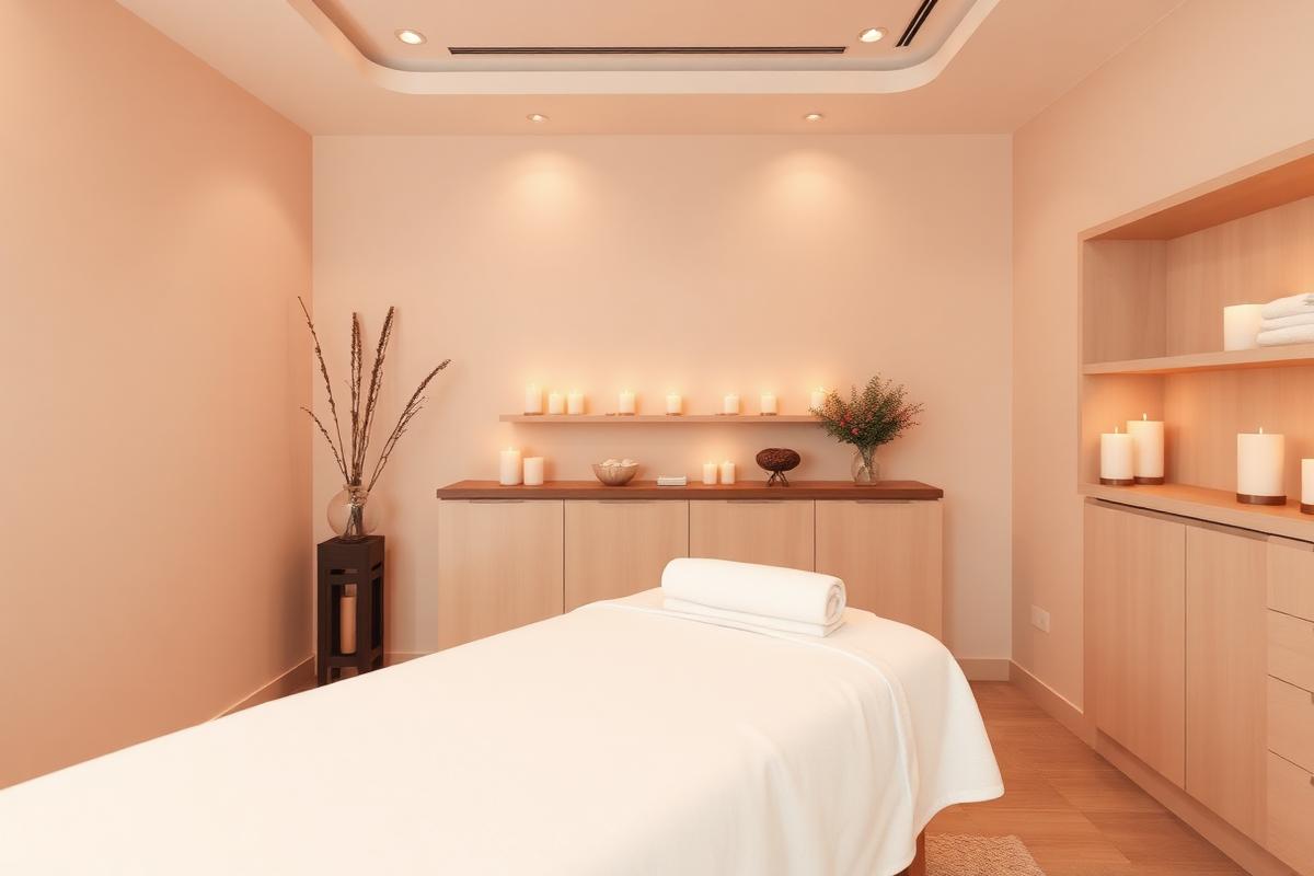 Sala de tratamento spa com velas, toalhas e iluminação suave