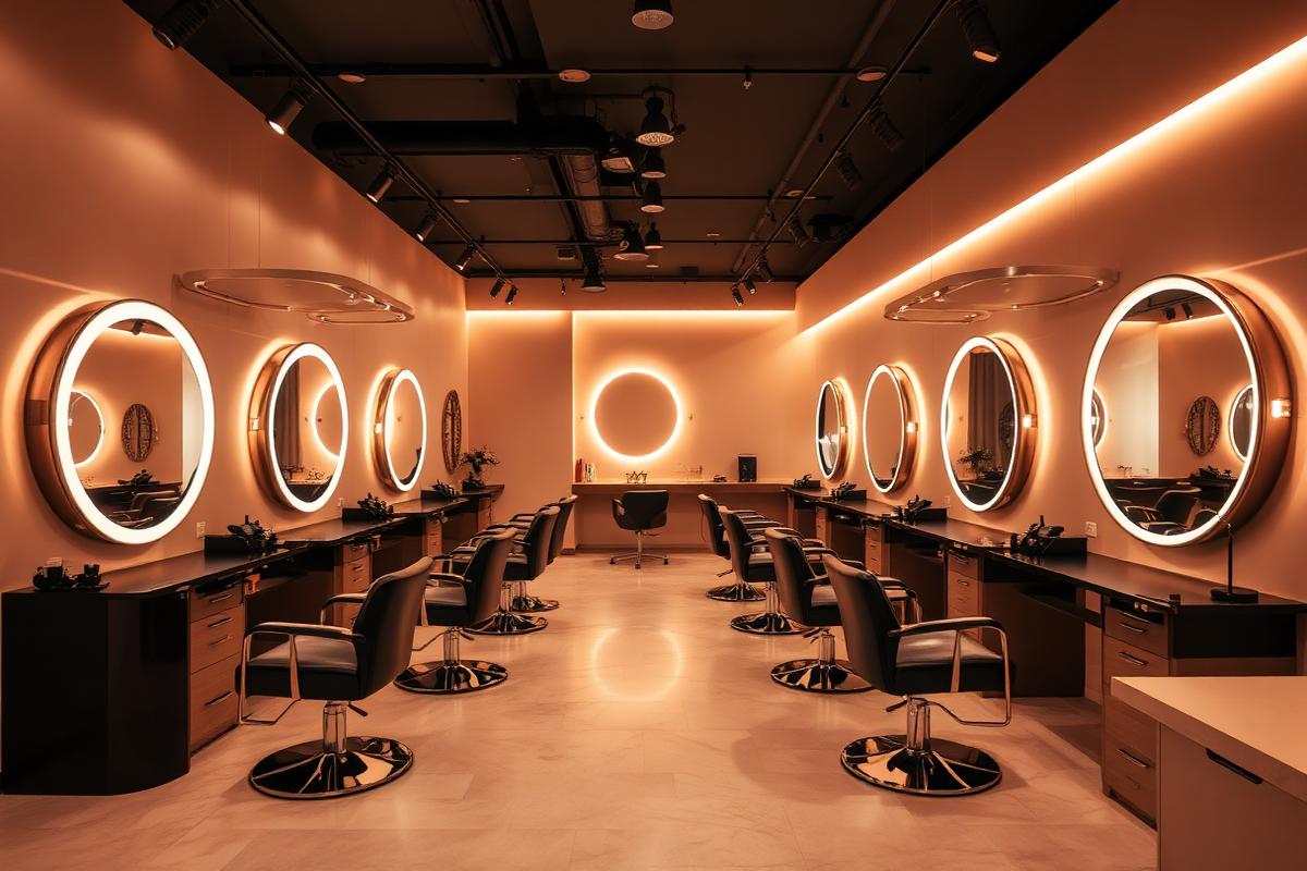 Salão de beleza moderno com espelhos iluminados e cadeiras de styling