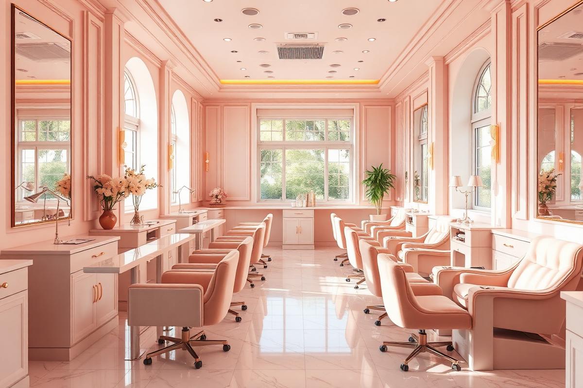 Espaço de manicure em tons rosé com iluminação natural e decoração elegante