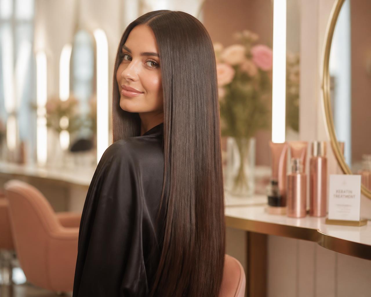 Cliente com cabelo longo, liso e brilhante após escova e tratamento de alisamento no salão